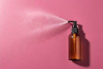 Naklejka premium amber glass spray bottle dispensing mist on pink gradient background