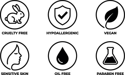 Naklejka premium Black and white cruelty free hypoallergenic vegan sensitive skin oil free paraben free icons vector art