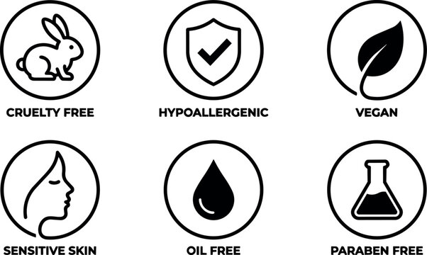Black and white cruelty free hypoallergenic vegan sensitive skin oil free paraben free icons vector art