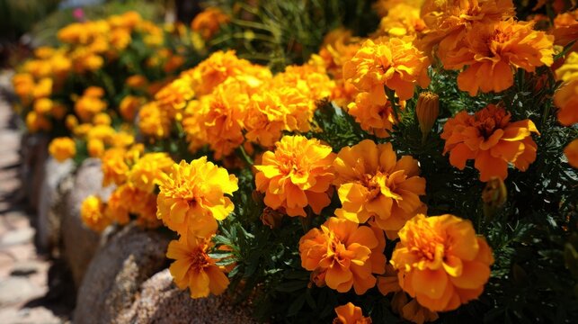 Vibrant orange marigold flowers blooming brightly in a sunny garden setting