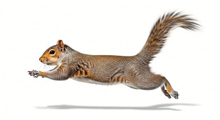 Obraz premium A swift grey squirrel in mid-air, captured in a dynamic running pose against a crisp white background, showcasing its bushy tail and agile movement