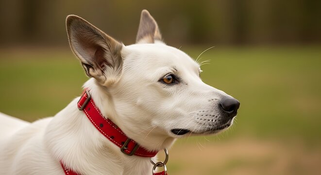 Profile portrait of white dog with red collar looking sideways against green outdoor background.