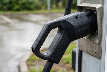 Naklejka premium Electric vehicle charging station nozzle showing rain droplets outdoors