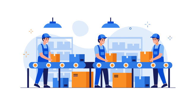 Industrial production line with diligent workers packaging and preparing goods for shipment