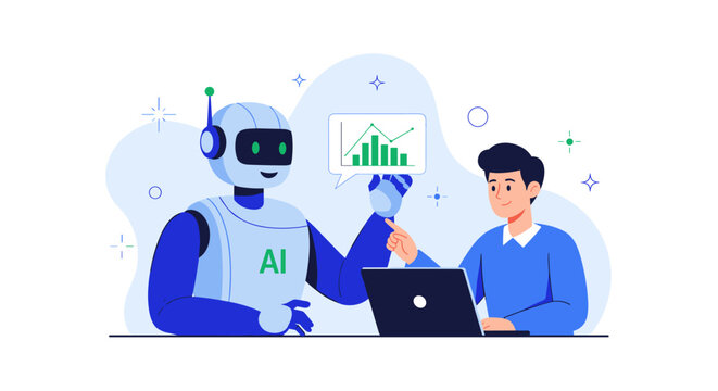 AI Robot and Professional Collaborate on Data Analysis for Business Growth