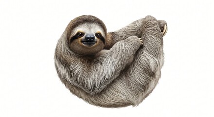 Fototapeta premium A close-up studio shot of a cute, smiling sloth hanging upside down against a white background, showcasing its long claws and furry texture