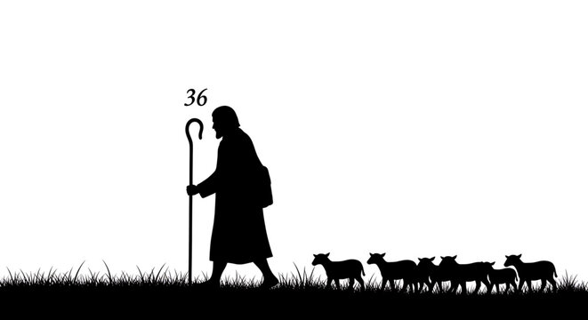 A minimalist vector graphic of a shepherd leading a flock of sheep in a simple silhouette design