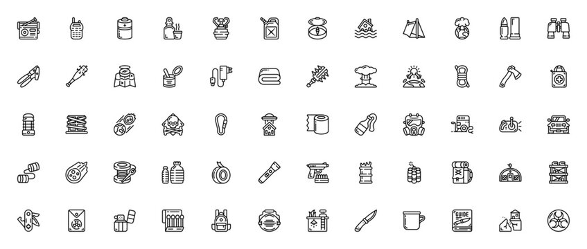 Doomsday prepper icon set. Survival vector icons pack. Includes radio, gas mask, bunker, compass, generator, first aid, food, weapons and more. Editable stroke.