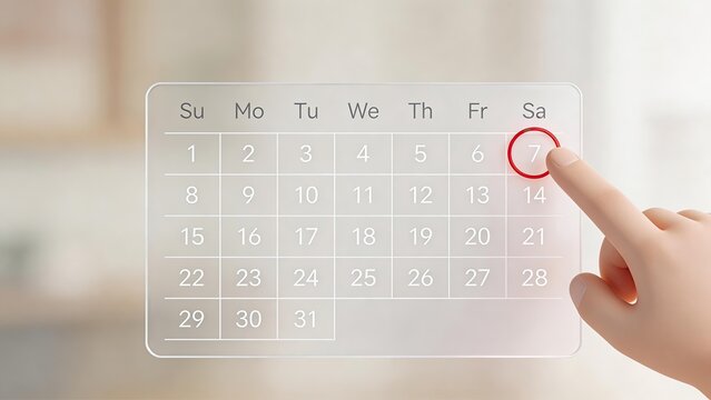 Finger touching transparent calendar selecting Saturday 7th digital interface time management scheduling planning business productivity organization modern technology minimalist