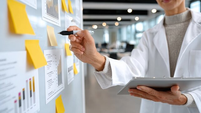 Woman in white coat holding folder near board with analytical charts and graphs