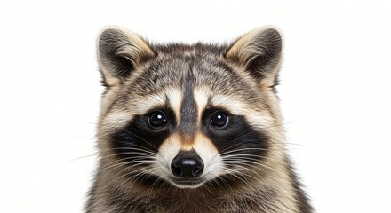 Fototapeta premium Captivating close-up of a wild raccoon's face, displaying its unique mask and direct, alert gaze, beautifully set against a crisp white background, emphasizing its natural charm