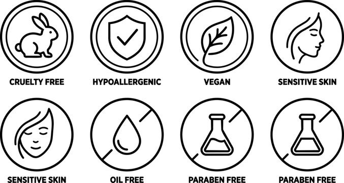 Cruelty free vegan sensitive skin hypoallergenic oil free paraben free icons set