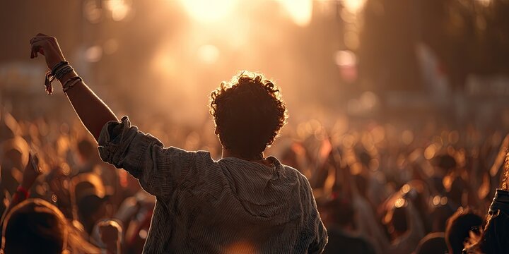 Man is dancing at a summer music festival - concertgoer concept for seasonal entertainment with crowd