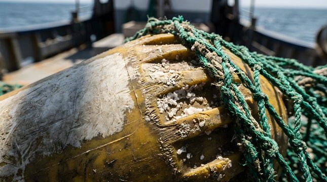 Close-up of a weathered yellow fishing buoy with barnacles and green net on a boat deck at sea