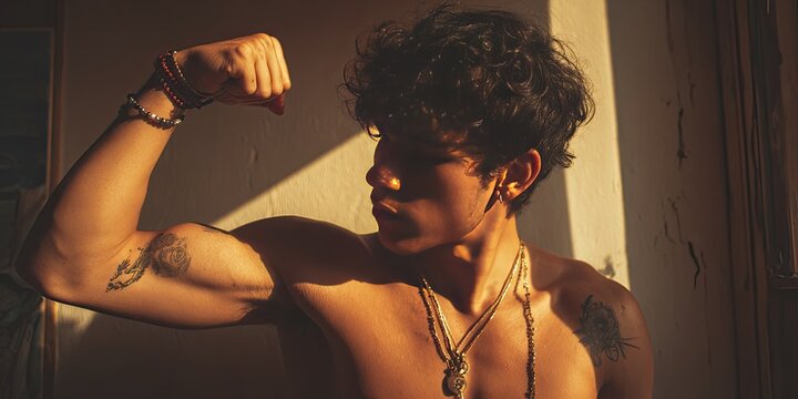 Young man is flexing - strength and muscular fitness concept