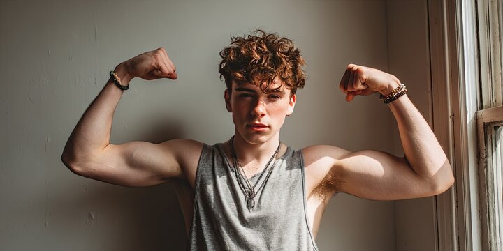 Young man is flexing - strength and muscular fitness concept