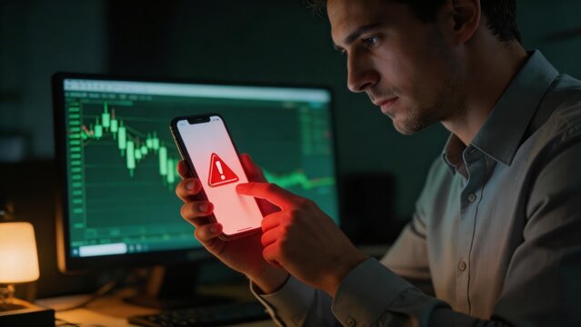 Businessman using mobile phone to check financial alert while analyzing stock market chart on computer in dark workplace. Represents financial risk and investment management.