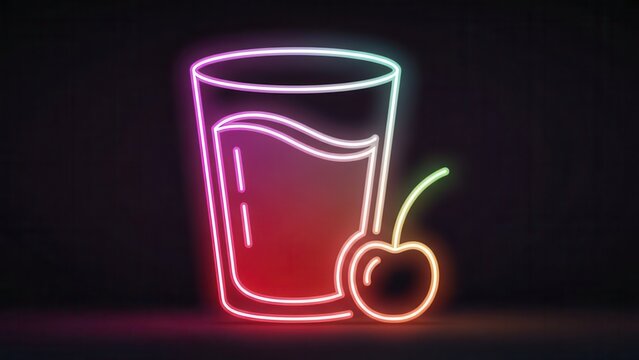 Vibrant neon glow outline of a refreshing fruit drink with a cherry accent, modern aesthetic