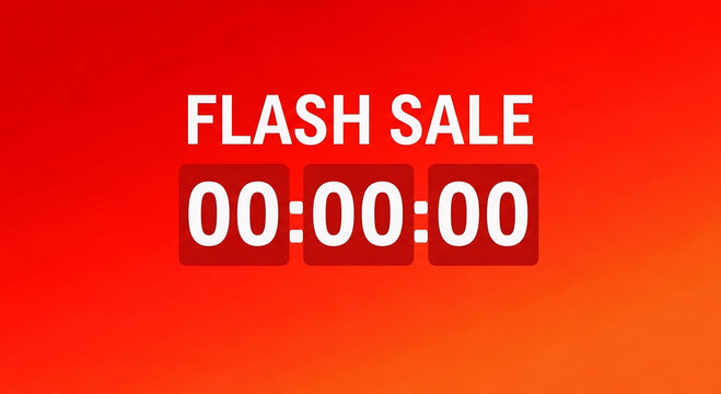 A clean red gradient background featuring "FLASH SALE" text with a digital countdown timer set at zero.