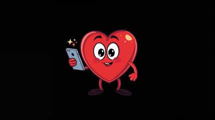 Fototapeta premium illustration a cartoon heart character holding smarthphone on black background