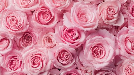 Fototapeta premium 淡いピンク色のバラが密集した美しい花のクローズアップ写真。花の装飾や背景素材に最適なバラの集合イメージ。