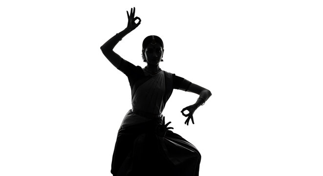 A silhouette of a woman in a dynamic dance pose against a white background