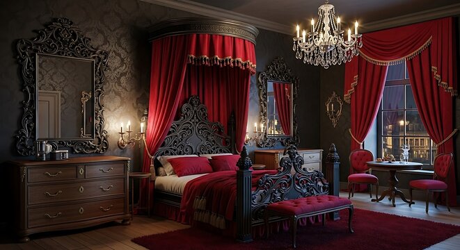 A luxurious and elegant bedroom with a large four-poster bed and red curtains
