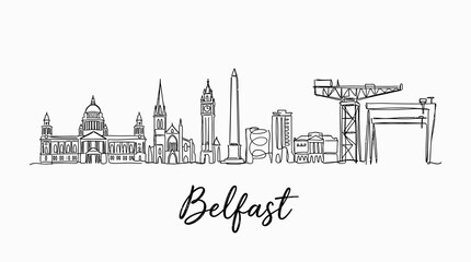 Obraz premium Minimalist Line Drawing of Belfast City Skyline Featuring Iconic Landmarks and Construction Elements