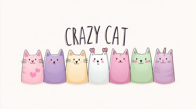 Colorful cartoon cats with various expressions and colors, featuring the text Crazy Cat above them in a playful font