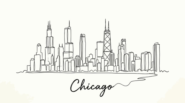 Minimalist Hand-Drawn Skyline Illustration of Chicago Featuring Iconic Skyscrapers in Black and White