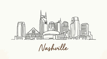 Fototapeta premium Elegant minimalistic line art depiction of Nashville's iconic skyline featuring historic and modern buildings in a simple style