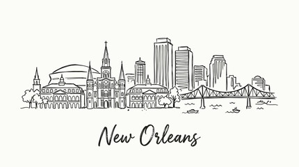 Obraz premium Stylized black and white artistic line drawing of New Orleans cityscape featuring historic architecture and iconic bridges