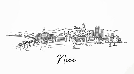 Fototapeta premium Elegant minimalist coastal cityscape illustration capturing a serene waterfront scene with sailboats and historic architecture