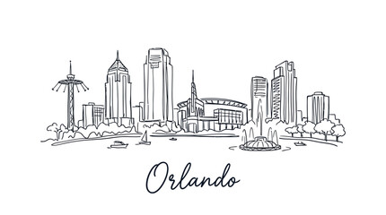 Naklejka premium Minimalist Line Drawing of Orlando City Skyline Featuring Iconic Structures and Lush Waterfront Scene