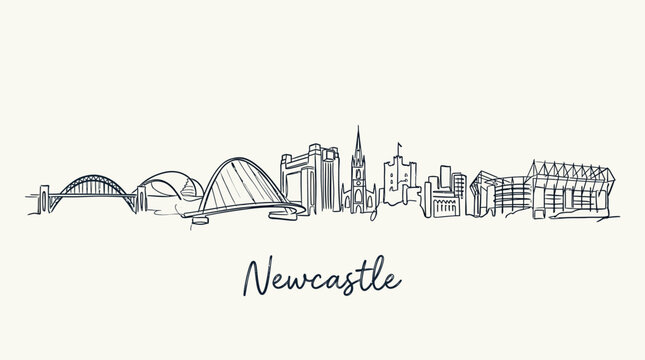 Minimalist Line Drawing of Newcastle Skyline Featuring Iconic Landmarks and Cityscape in Elegant Continuous Outline