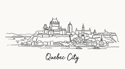 Fototapeta premium Minimalist Line Drawing Depicting the Enchanting Skyline and Historic Landmarks of Quebec City Scenic Landscape