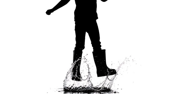 A black silhouette of a person wearing rain boots splashing in a puddle of water on a white background