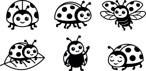 Fototapeta premium Black and white cartoon style ladybugs and bee with smiling faces vector art