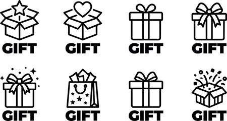 Obraz premium Black and white gift icons with stars hearts and bows in boxes and bags