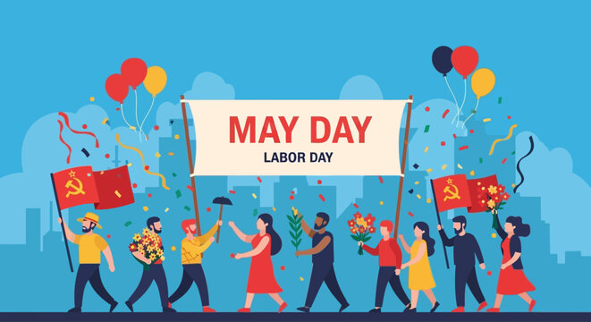 Diverse people celebrating May Day and Labor Day with a festive parade