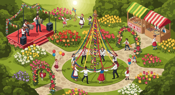 Isometric illustration of a spring folk festival celebration in a garden with maypole dancing