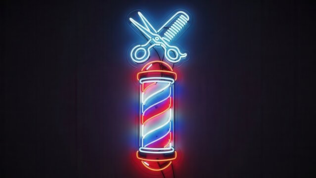 Vibrant neon barber pole sign illuminating a classic grooming establishment with stylish glowing
