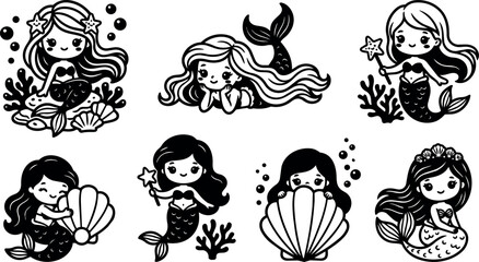 Naklejka premium Black and white cute mermaid cartoon characters with shells and starfish