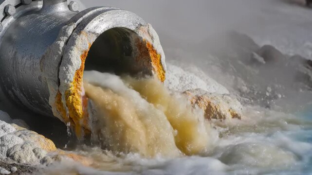 Hot mineral water gushing from corroded pipe into steaming pool steamy mineral water pouring from pipe with yellow mineral deposits into bubbling