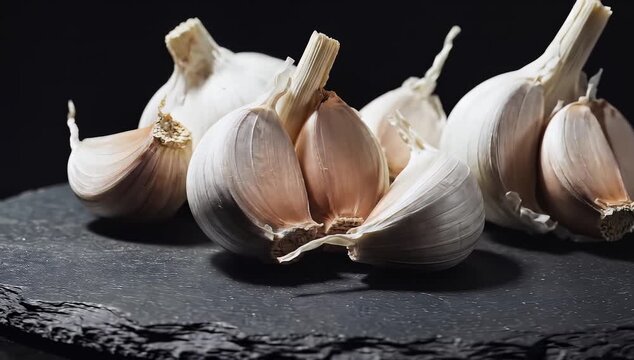 Fresh Garlic Bulbs and Cloves Displayed on Dark Slate Surface.
