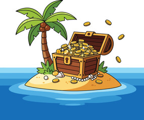 Cartoon Treasure Chest Full of Gold Coins on a Desert Island. © Vira
