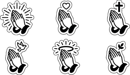 Fototapeta premium Black and white praying hands with heart cross dove halo and leaf icons