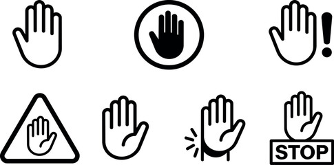 Fototapeta premium Black and white stop hand icon set with triangle and exclamation mark symbols