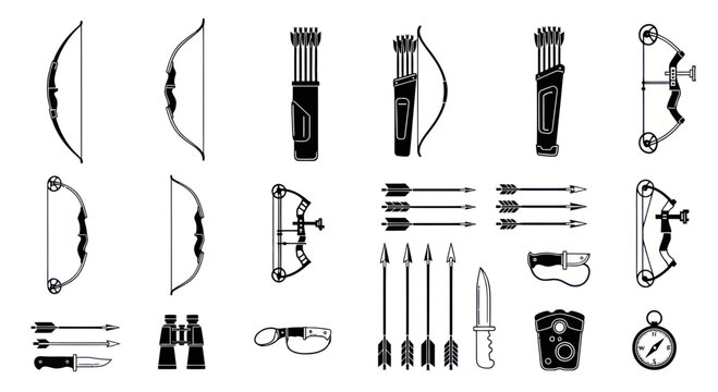 Archery Equipment Collection: Bows, Arrows, Quivers, Knives, Binoculars, Compass