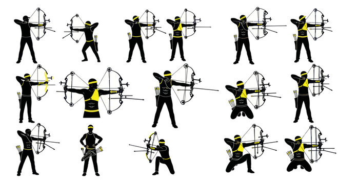 Archer Silhouette Collection: Action Poses, Archery Sport, Vector Graphics